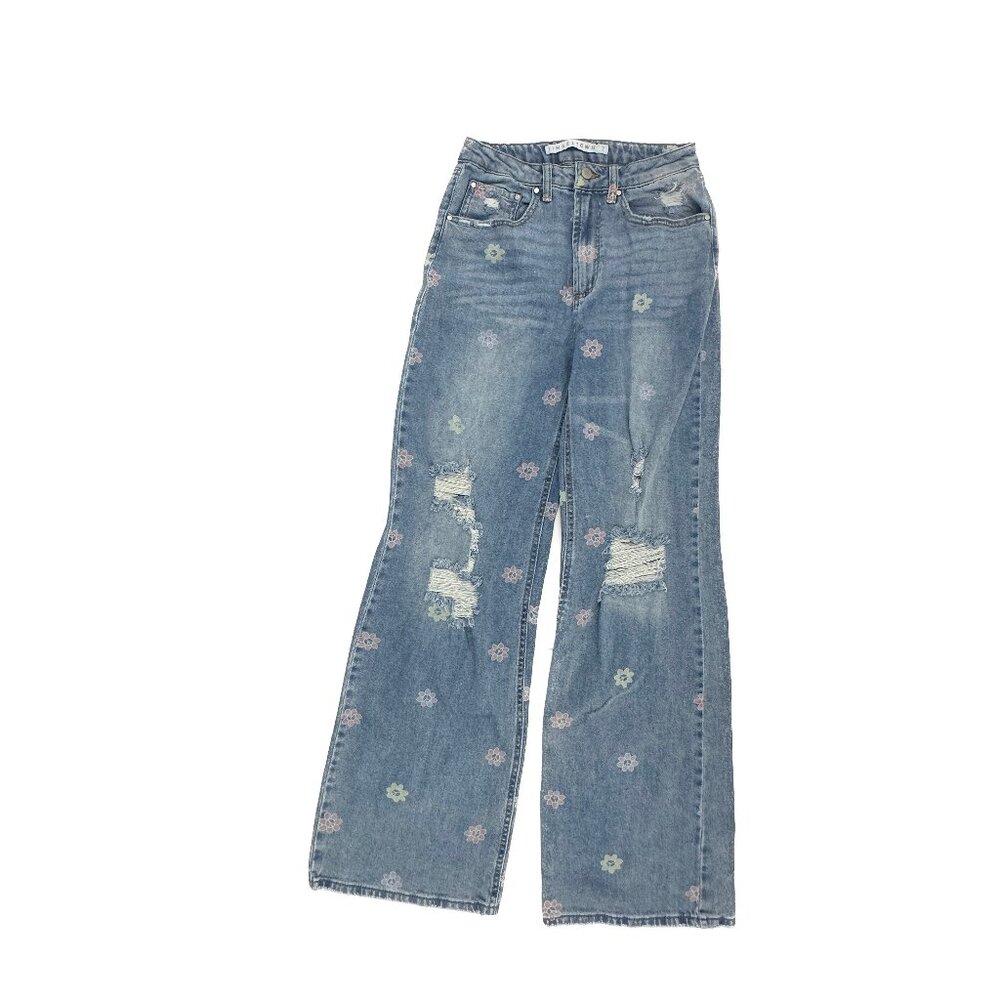 Tinseltown Wide Leg‎ Peace Flowers Women's size 7 Medium Blue Denim jeans